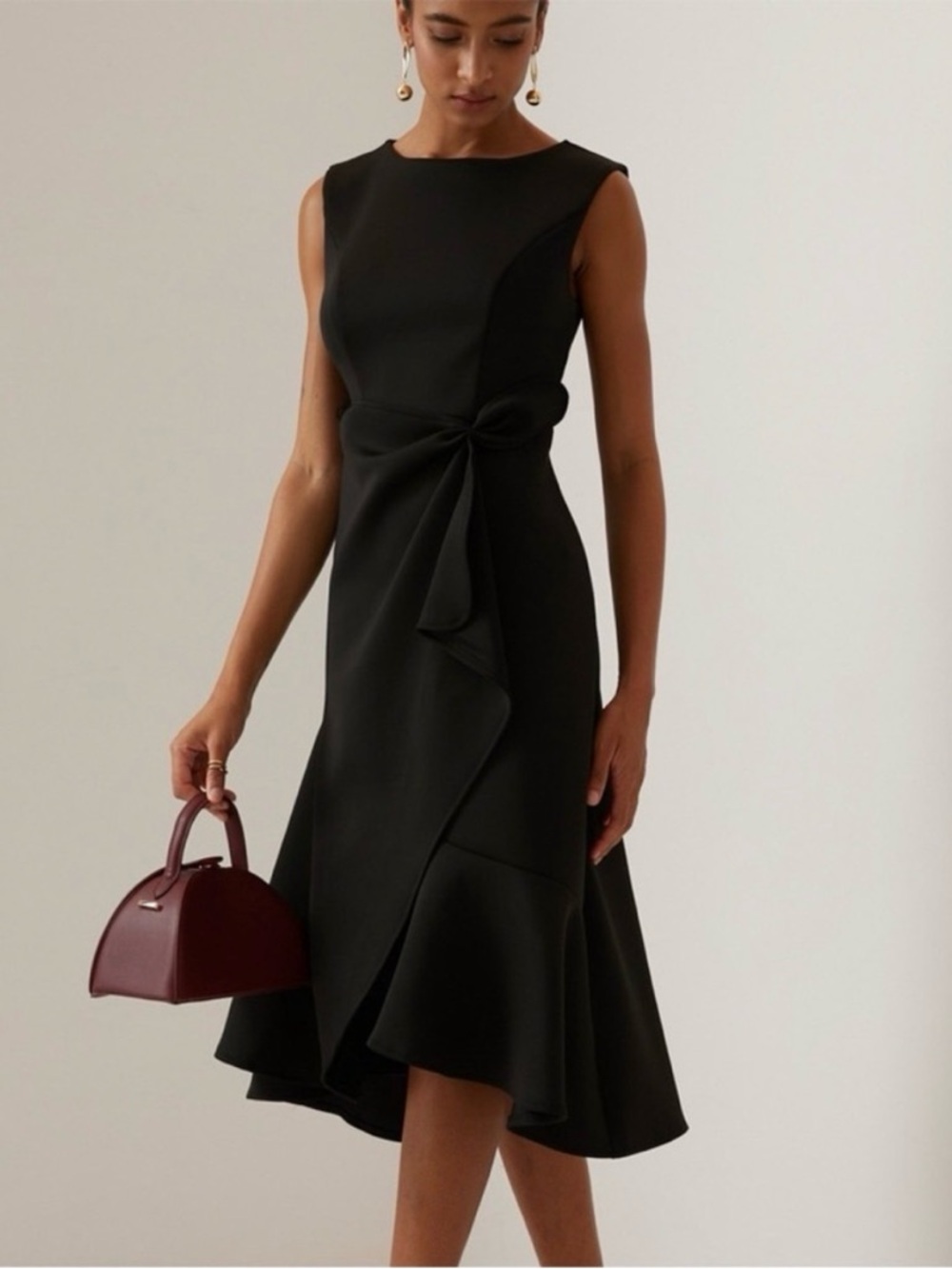 Fehaute Black Midi Dress Sleeveless Midi Ruffle Bow New Size 14